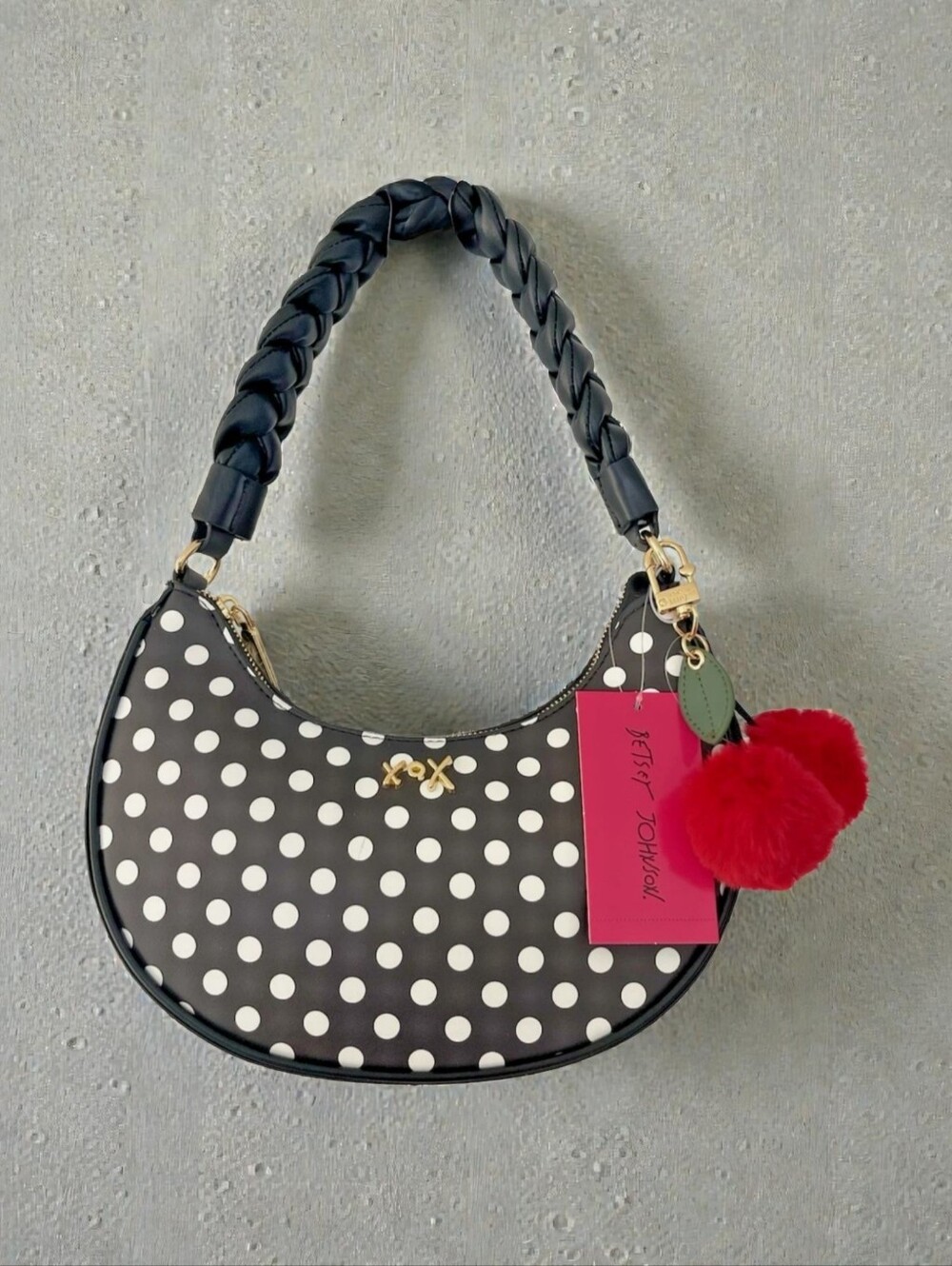 Betsey Johnson Black Polka Dot Hobo with Red Heart Charm